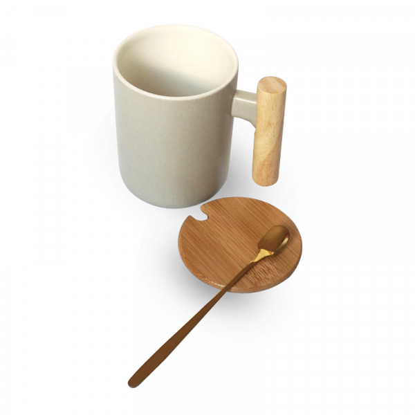 Coffee Mug with Wooden Lid & Spoon