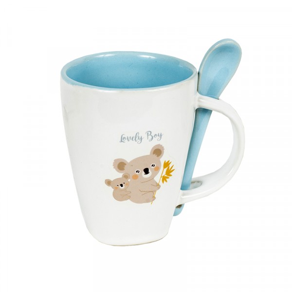Printed Cereal Mug with Spoon - Blue